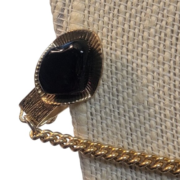 Vintage Gold Tone Sweater Guard Clip Black Stone Chain Retro Mid-Century Jewelry - Picture 4 of 10